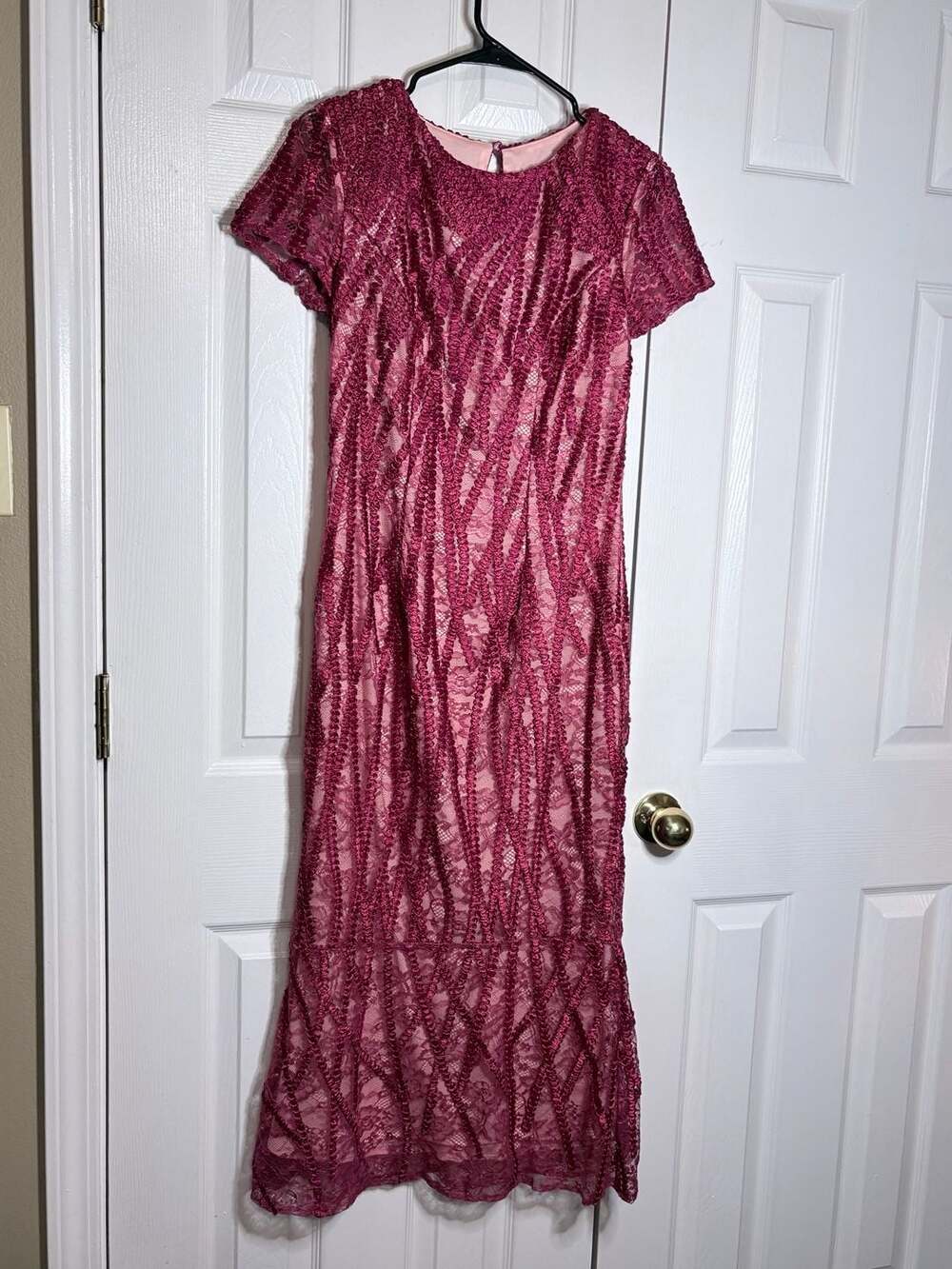 JS Collections Burgundy Embroidered Lace Short Sleeve Midi Gown #1063 - Picture 6 of 7